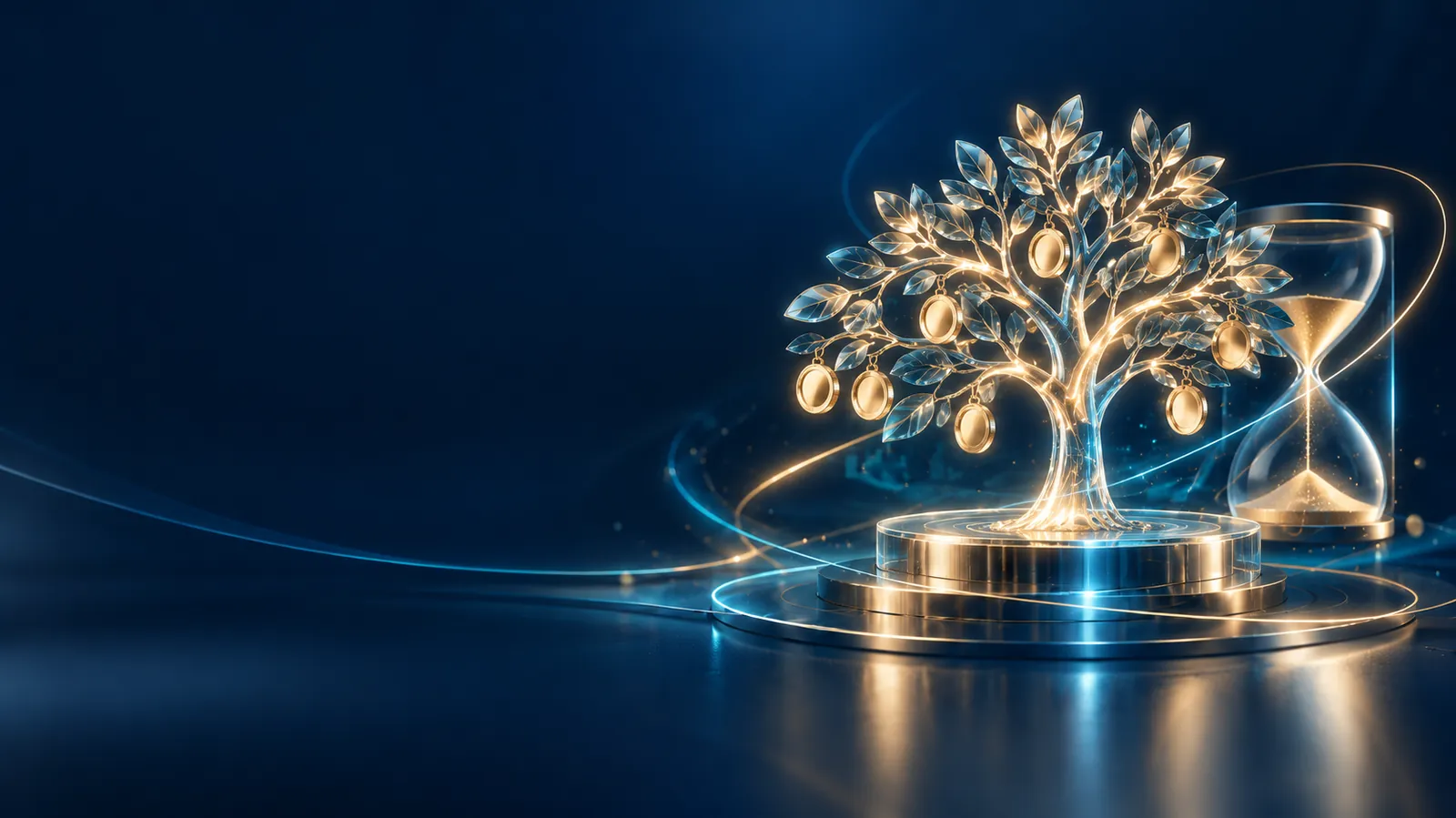 Glasbaum mit Goldmünzen und Sanduhr als Sinnbild für langfristige Altersvorsorge