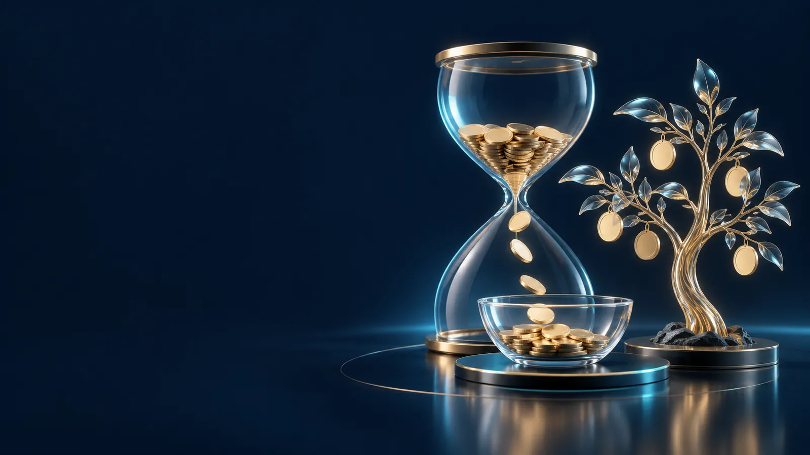 Glas-Sanduhr mit tropfenden Goldmünzen und Glasbaum als Sinnbild für einen ETF-Entnahmeplan