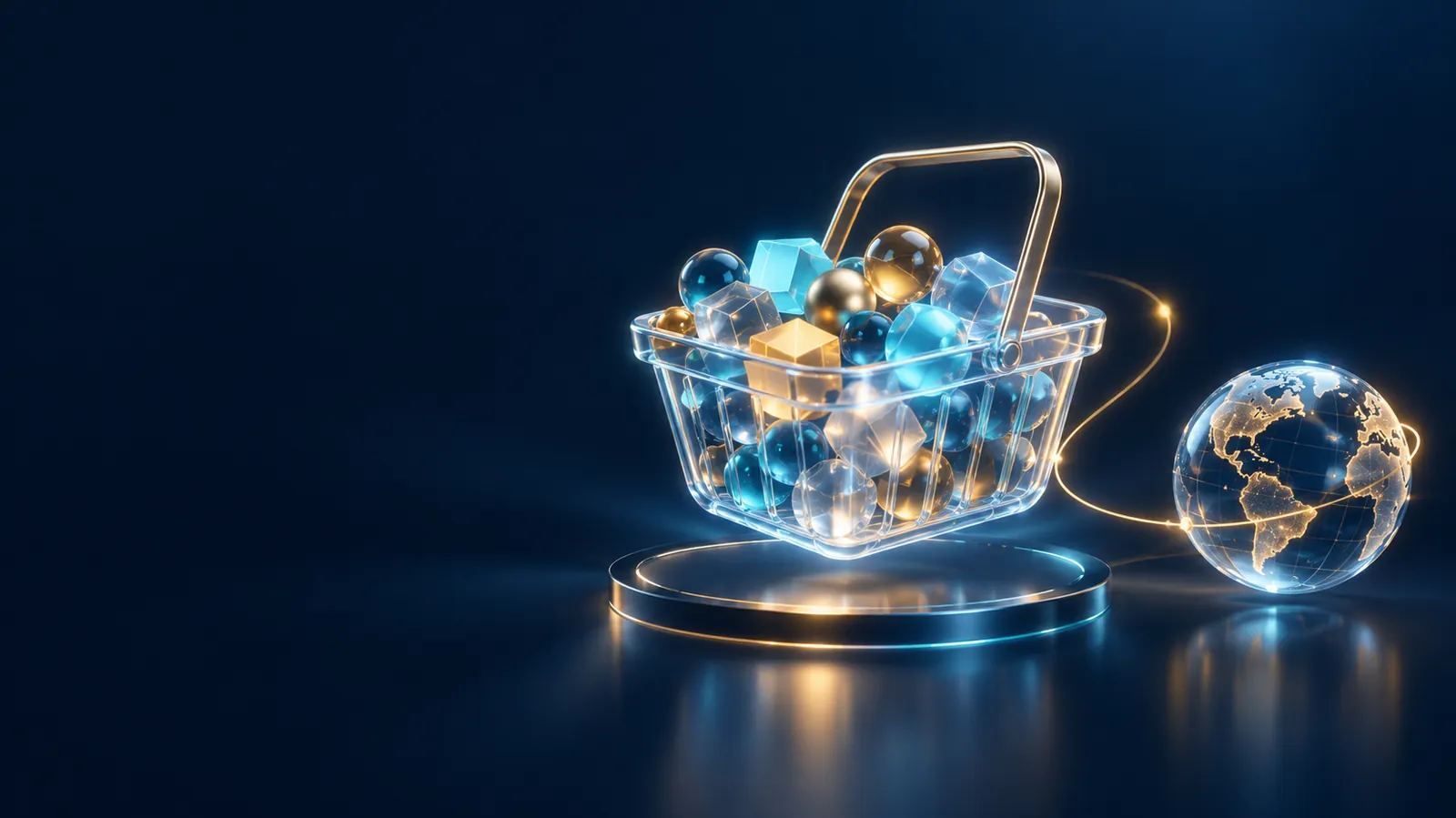 Leuchtender Glas-Korb mit vielen Glaswürfeln und Glasglobus als Sinnbild für ETFs: viele Wertpapiere in einem Produkt