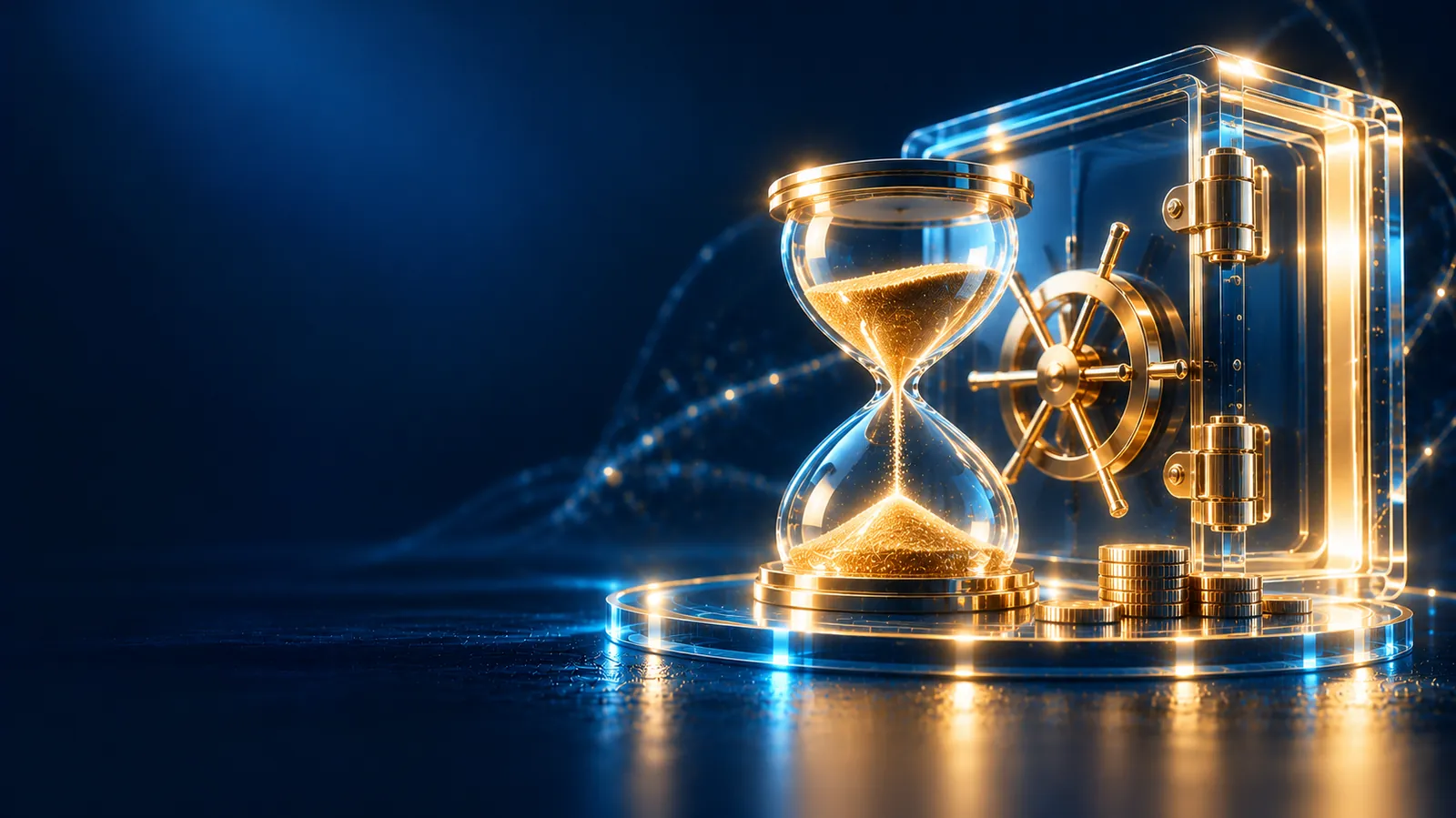 Glas-Tresor mit Sanduhr aus Glas als Sinnbild für Festgeld mit fester Laufzeit