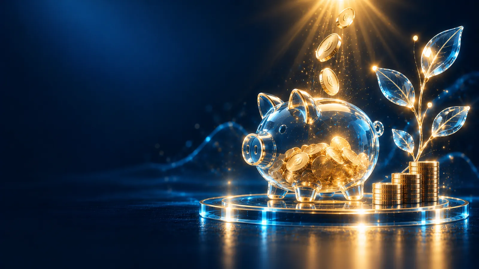 Glas-Sparschwein unter goldenem Lichtstrahl mit Glasblättern als Sinnbild für Tagesgeld-Zinsen