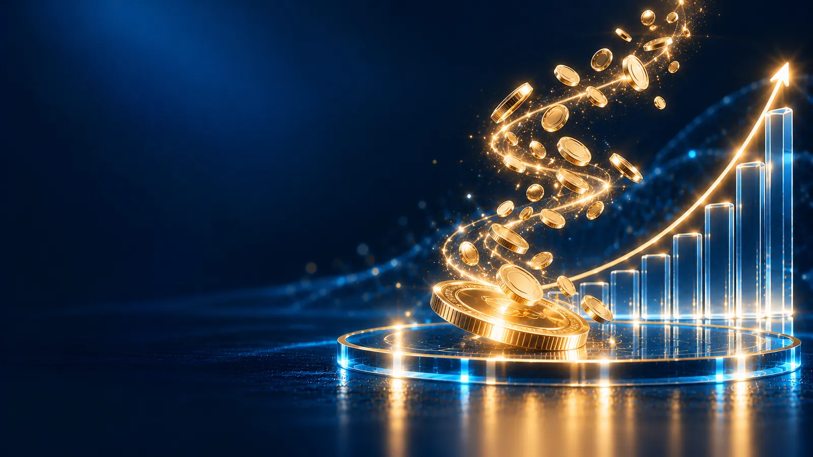 Goldene Münzspirale vor exponentiell ansteigender Glas-Kurve als Sinnbild für den Zinseszinseffekt